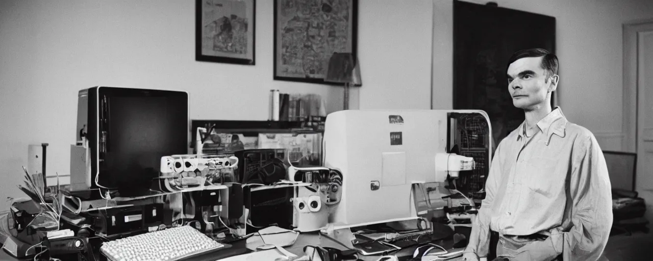 Image similar to alan turing proudly standing in front of his computer made out of spaghetti, canon 5 0 mm, cinematic lighting, photography, retro, film, kodachrome