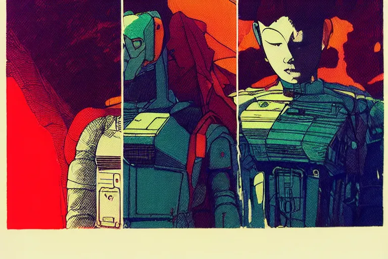 Image similar to risograph grainy drawing vintage sci - fi, satoshi kon color palette, gigantic gundam, 1 9 8 0, kodachrome, natural colors, comicbook spreadsheet, codex seraphinianus painting by moebius and satoshi kon and dirk dzimirsky close - up portrait