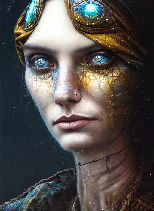 Image similar to closeup portrait shot of a glitched woman wearing a bandana in a scenic dystopian environment, intricate, elegant, highly detailed, centered, digital painting, artstation, concept art, smooth, sharp focus, illustration, artgerm, tomasz alen kopera, peter mohrbacher, donato giancola, joseph christian leyendecker, wlop, boris vallejo