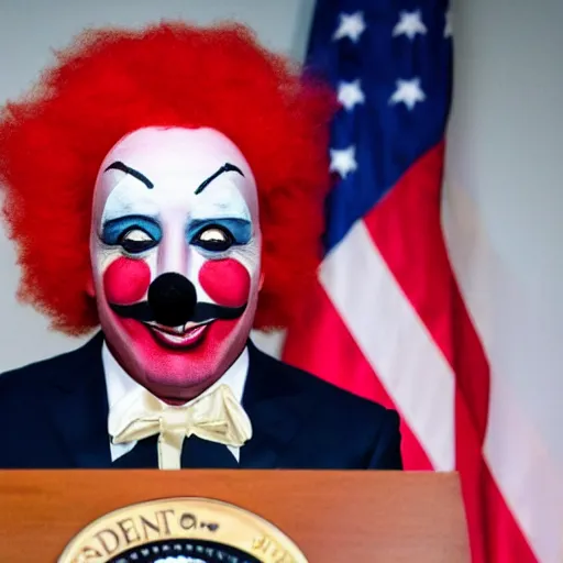 Image similar to president with clown makeup in a podium as the marionette of a human shadow