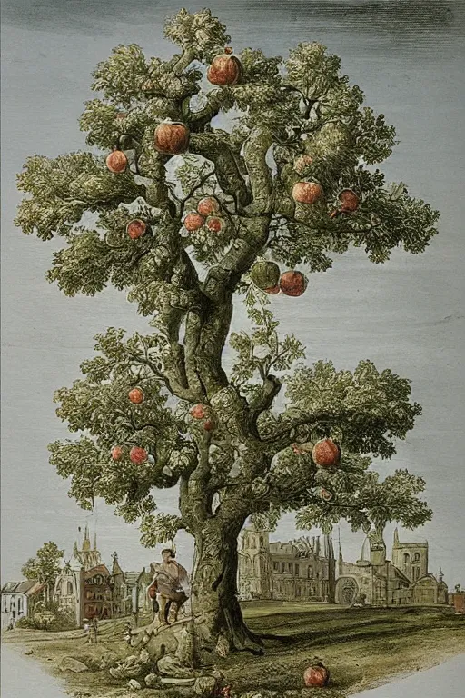 Prompt: beautiful detailed illustration apple tree by Bernardo Bellotto.