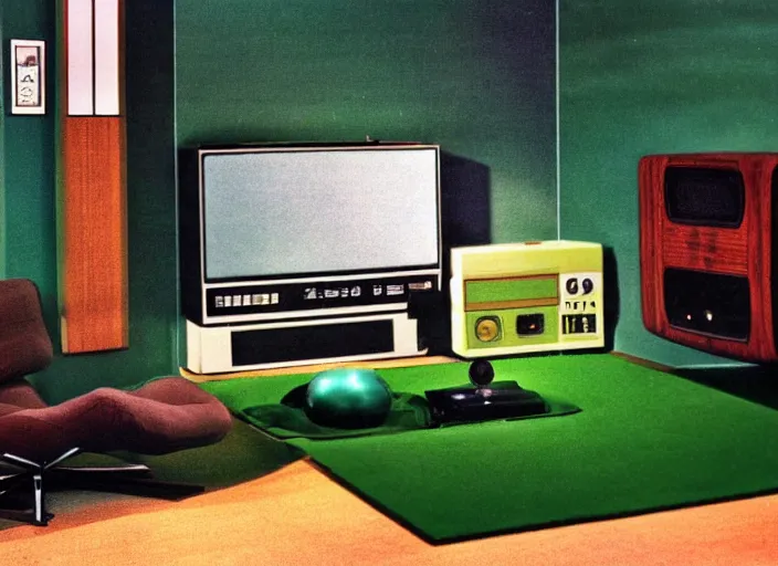 Image similar to 1 9 8 0 s living room with green carpet and a zenith television with atari 2 6 0 0, movie still, 8 k