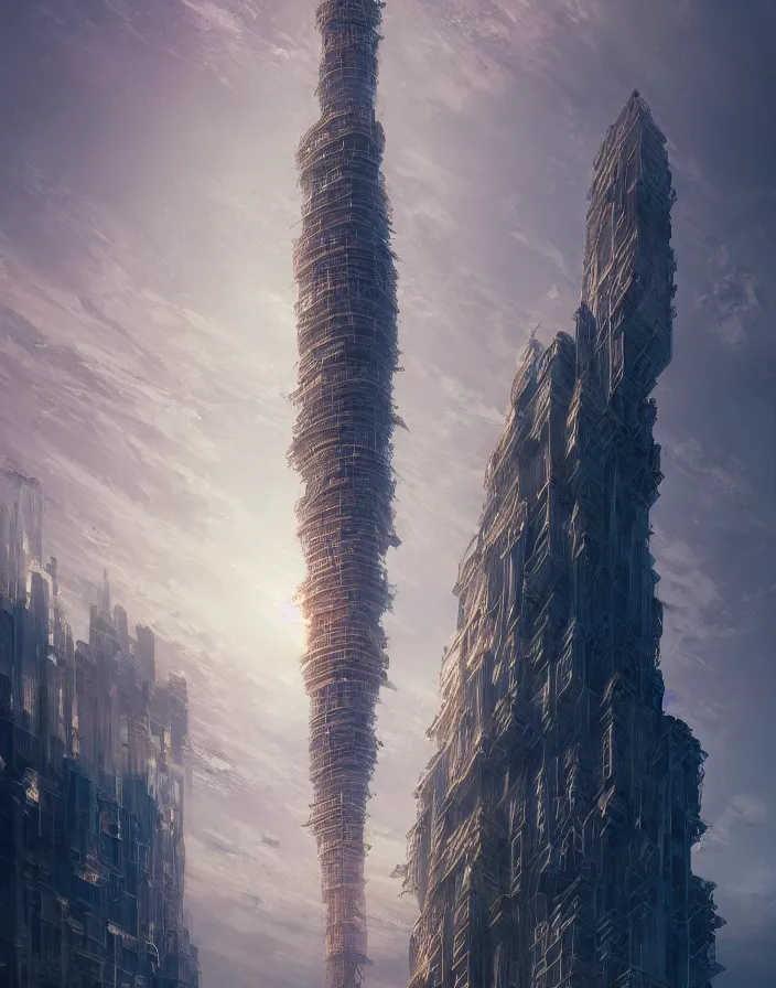 Image similar to painting of a tall tower that reaches beyond the clouds, intricate abstract. delicate artwork. by Tooth Wu, wlop, beeple, dan mumford. octane render, trending on artstation, greg rutkowski very coherent symmetrical artwork. cinematic, hyper realism, high detail, octane render, 8k, depth of field, bokeh. chrome accents.