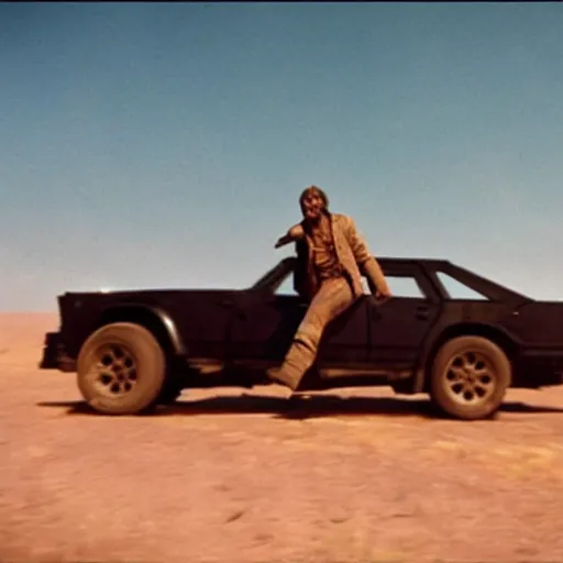 Prompt: A still of Mads Mikkelsen in Mad Max: Beyond Thunderdone (1985)