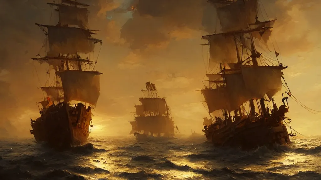 Image similar to a pirate ship, low angle, cinematic, golden hour, by greg rutkowski, artstation, hd, mist