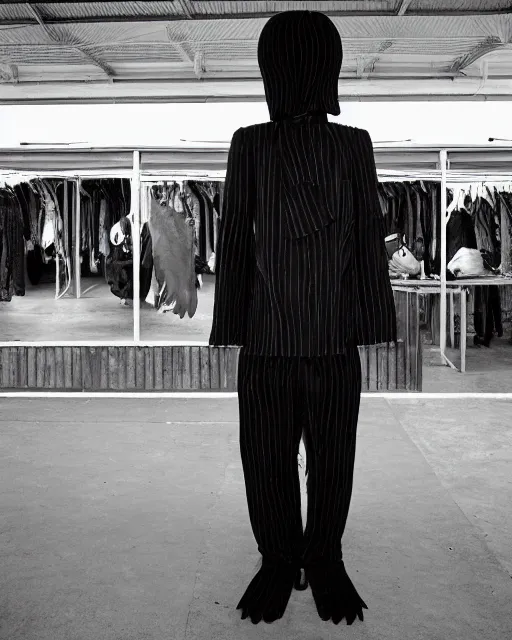 Prompt: faceless carnival employee, by Yohji Yamamoto