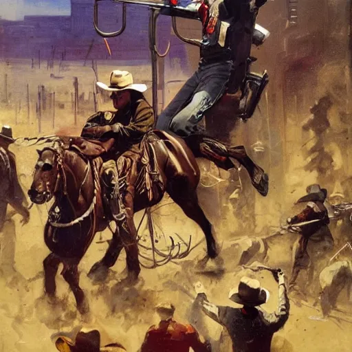 Prompt: cowboys shoot it out with a very tall cyborg in a western town, 1890s, dynamic, by tom lovell and frank schoonover and dean cornwell and phil hale