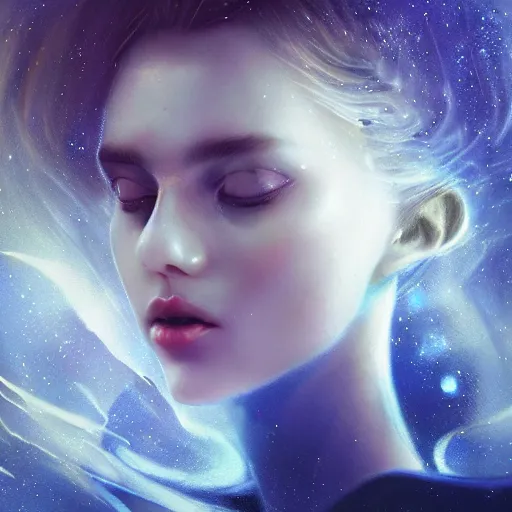 Prompt: sci - fi, 3 d, stars, blonde fashion model face star skin, cinematic, clouds, moon rays, vogue cover style, poster art, blue mood, realistic painting, intricate oil painting, high detail illustration, figurative art, multiple exposure, water, 3 d, by tooth wu and wlop and beeple and greg rutkowski