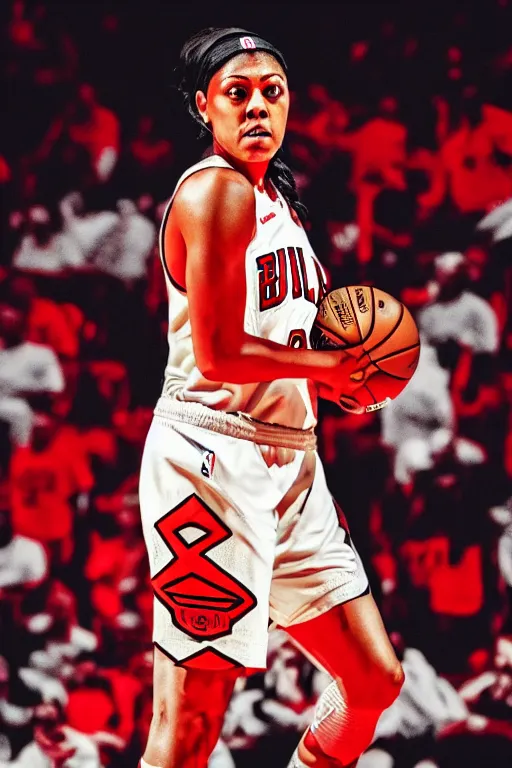 Image similar to candace parker in bulls jersey, high contrast, high saturation cinematic film still