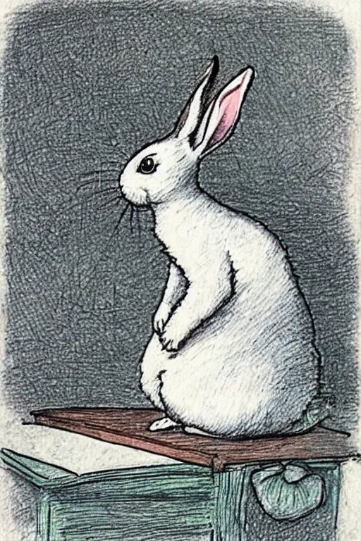 Image similar to drawing of white rabbit, holding a carrot, sitting at a desk, Beatrix Potter, turquoise