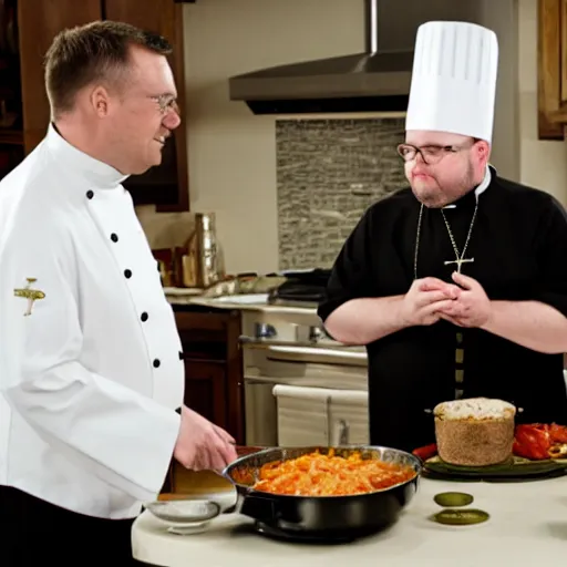Prompt: fat catholic priest cooking show still