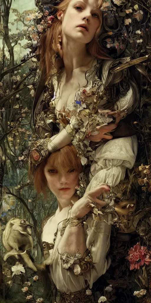 Image similar to masterpiece alice in wonderland, masterpiece by Edgar Maxence and Ross Tran and Michael Whelan and Caravaggio artistic, intricate drawing, realistic fantasy, extremely detailed and beautiful aesthetic celtic face, establishing shot, 8k resolution, dramatic lighting,