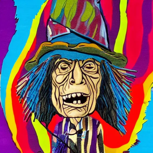Image similar to old man wearing voodoo hat, mick jagger, art by meow wolf
