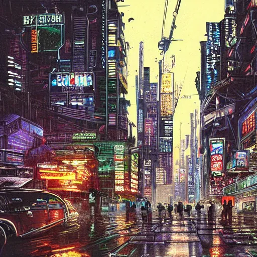 Image similar to hyper detailed illustration of a cyberpunk city at nighttime with rain, by Kev Walker, simon bisley and paolo parente