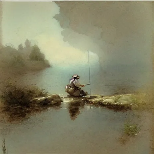 Prompt: ( ( ( ( ( fishing in a river, clear water. muted colors. ) ) ) ) ) by jean - baptiste monge!!!!!!!!!!!!!!!!!!!!!!!!!!!