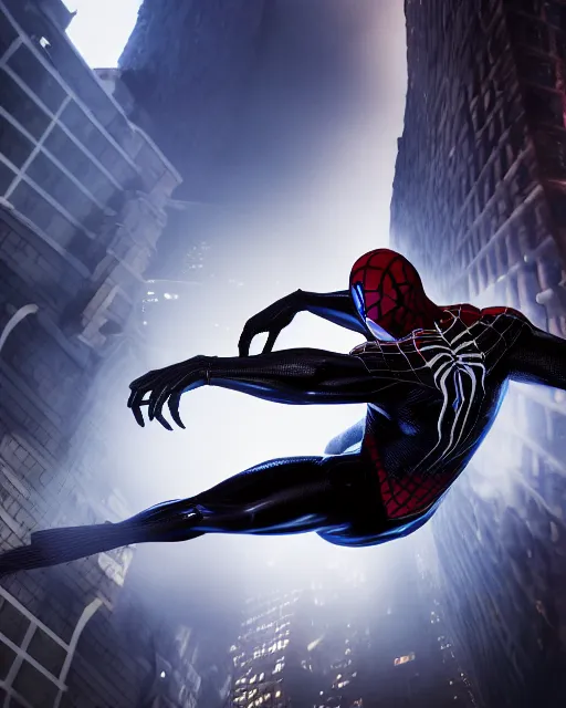 Image similar to photograph of a symbiote and spider - man hybrid, dslr, cinematic, volumetric lighting, 8 k resolution, photorealistic