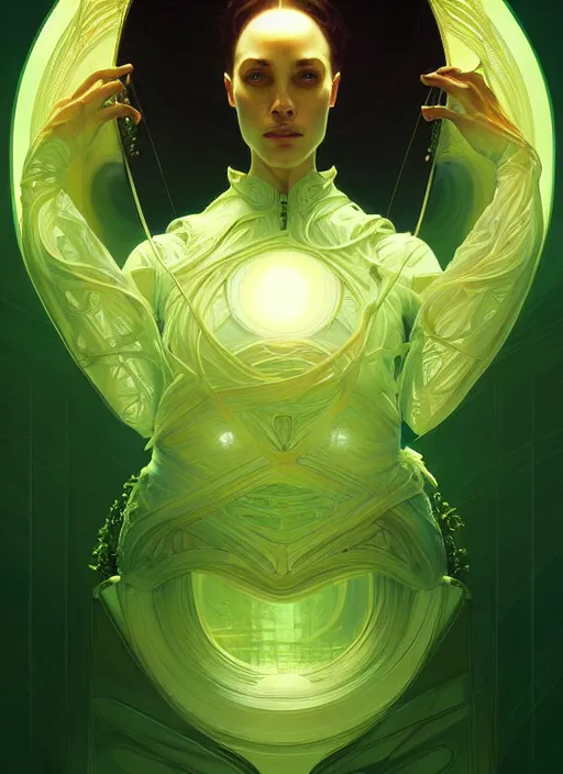 Image similar to symmetry!! green lanturn, sci - fi, global illumination!! intricate, elegant, highly detailed, digital painting, artstation, concept art, smooth, sharp focus, illustration, art by artgerm and greg rutkowski and alphonse mucha