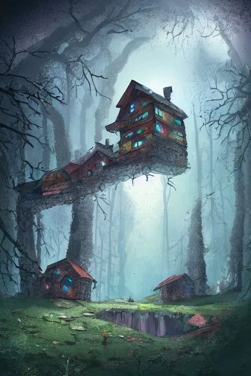 Image similar to a ramshackle multistory fairytale hut in the forest by Petros Afshar