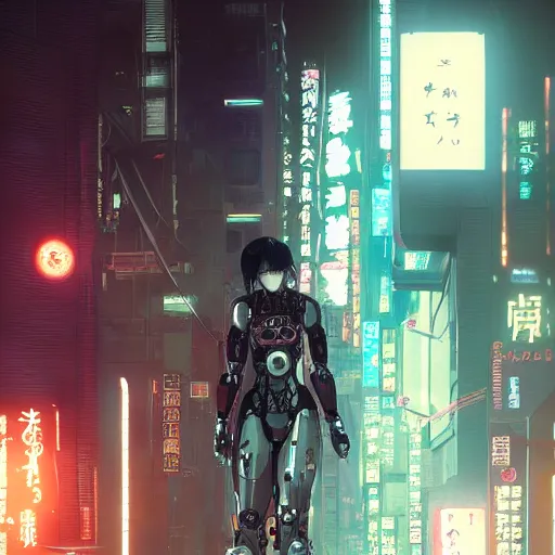 Image similar to a japanese cyberpunk robot, finely detailed features, cyborg robot parts with glowing lights!, dramatic cinematic, night, at cyberpunk city, ghost in the shell, akira, noir, painted by greg rutkowski makoto shinkai takashi takeuchi craig mullins, alphonse mucha, studio ghibli, pixiv