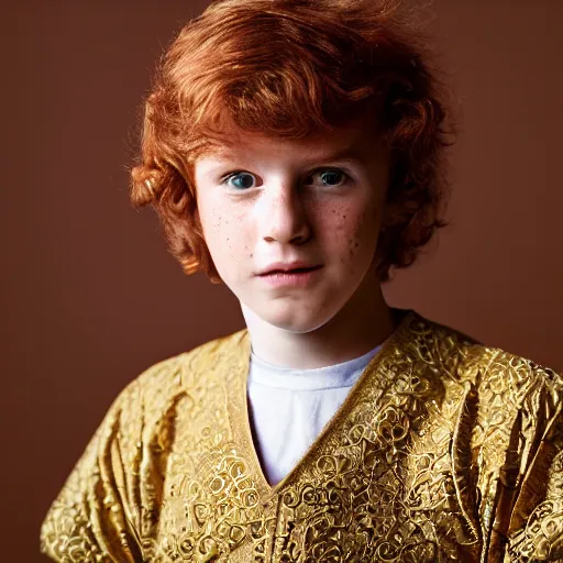 Image similar to A regal close-up, studio photographic portrait of a young man with auburn hair and freckles wearing a purple gilded medieval byzantine tunic, neutral flat lighting, overcast, hard focus, shot on a Sigma 135mm camera, featured in life magazine