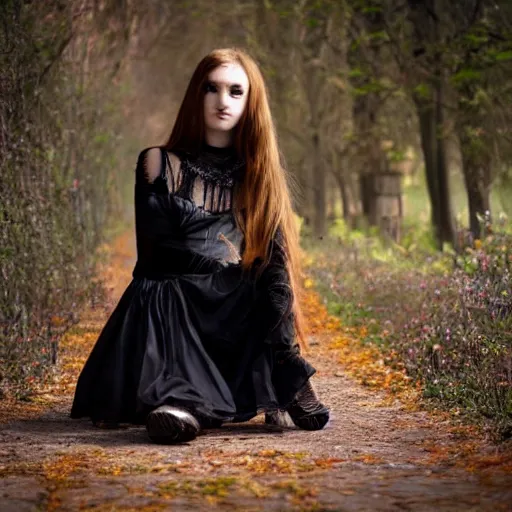 Image similar to full - length photo, young woman, sitting on her knees, gothic clothes, 4 k, colourful