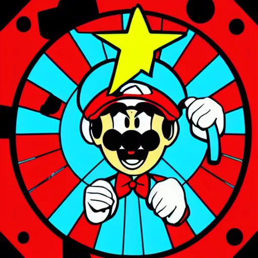 Image similar to svg sticker of a Pop-Wonder SuperMario, Mario-Wearing-a-red-hat, at a rave, spinning records, giant headphones rocking out, wearing headphones, huge speakers, dancing, rave, DJ, spinning records, digital art, amazing composition, rule-of-thirds, award-winning, trending on artstation, featured on deviantart