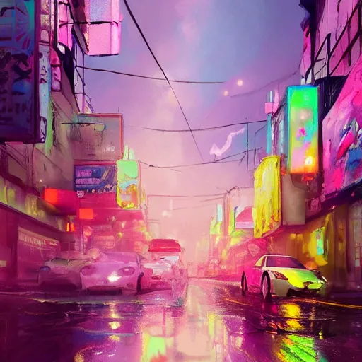 Image similar to digital art, strong emotional impact, bold pastel colors, spring day, expressive brushstrokes, puddles, an art deco streetscape lined with beautiful flowers, by liam wong and tyler edlin, trending on artstation