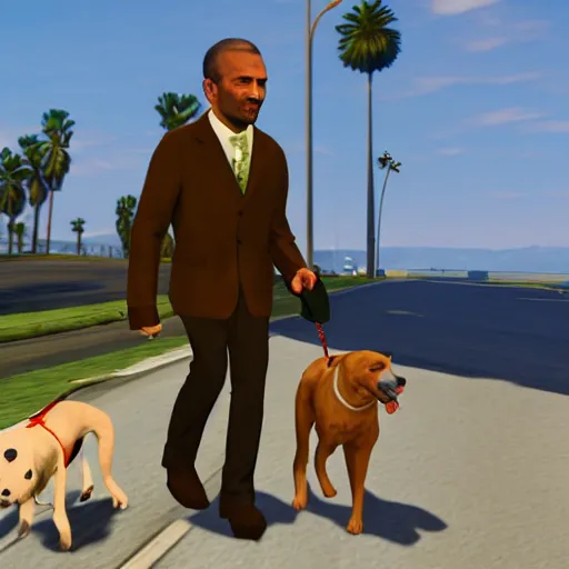 Image similar to A random man walking with a dog in the style of GTA 5