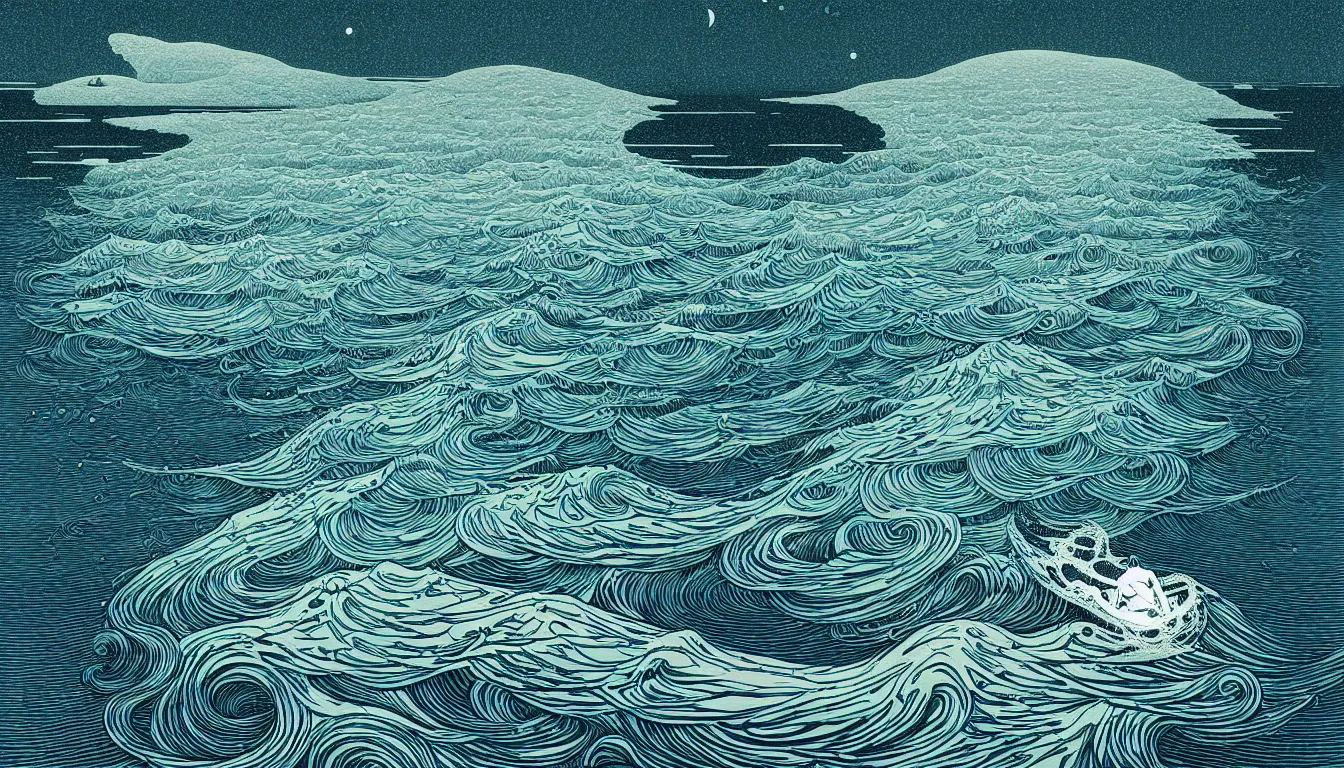 Prompt: calm sea at by nicolas delort, moebius, victo ngai, josan gonzalez, kilian eng