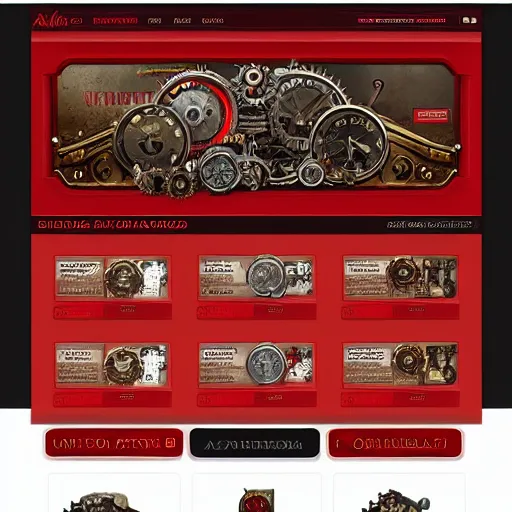 Image similar to a full ux layout of a steampunk mechanical dog dashboard and marketplace site design, red theme.