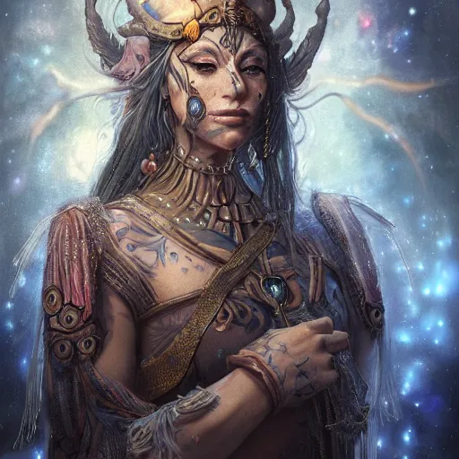 Prompt: a WLOP 3d render of very very highly detailed beautiful mystic portrait of a phantom warrior with galaxy, tattoos by Anton Pieck, intricate, extremely detailed, digital painting, artstation, concept art, smooth, sharp focus, illustration, intimidating lighting, incredible art,