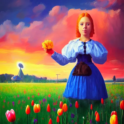 Prompt: dutch girl with singular giant tulip as a face, surreal photography, flower field, sunset dramatic light, impressionist painting, colorful clouds, blue sky, digital painting, artstation, simon stalenhag