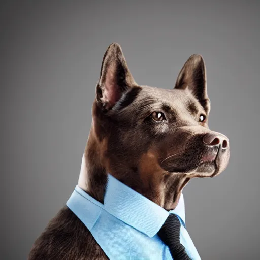 Image similar to high detail shot of a dog wearing a suit, realism 8k