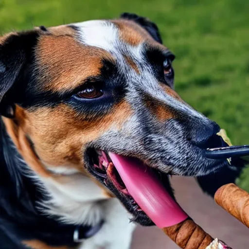 Image similar to a photograph of a dog with a cigar in its mouth