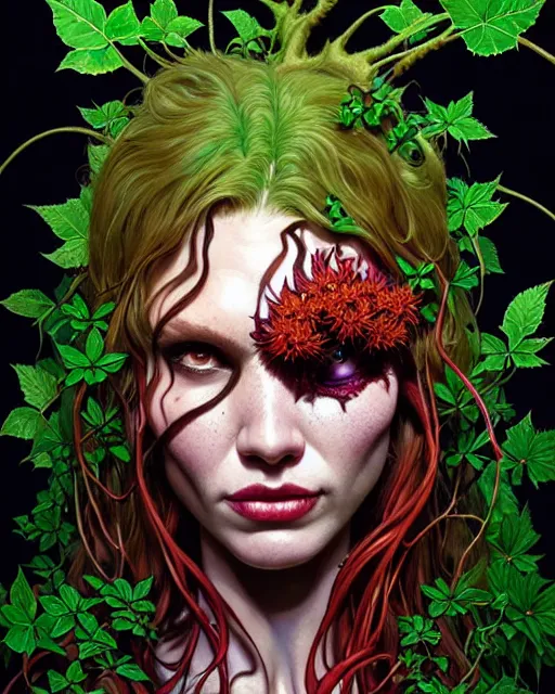 Prompt: closeup portrait the platonic ideal of flowers and roots of cletus kasady, venom, poison ivy, ultimate beautiful succubus, intricate, hyperrealism, intense, dmt, artgerm, moebius, greg rutkowski, dan mumford, alphonse mucha