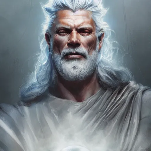 Prompt: zeus, god of thunder, stephen lang, long white hair, lightning, D&D, fantasy, highly detailed, digital painting, trending on artstation, concept art, sharp focus, illustration, art by artgerm and greg rutkowski and magali villeneuve