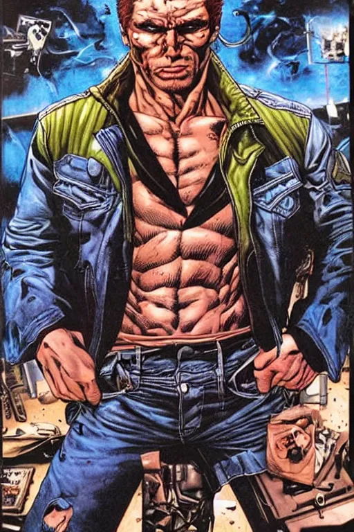 Prompt: ultra violent comic book cover of a contract killer named cobalt. he wear a denim jacket over a bloody white shirt. he has a scar up the side of his face. art by glenn fabry.