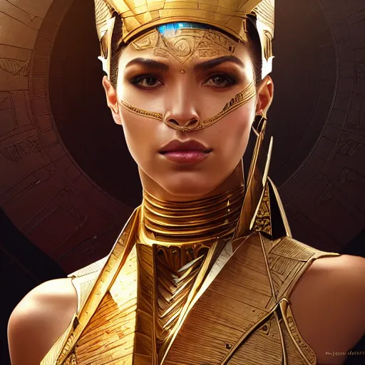 Prompt: portrait of egyptian cyborg queen in a pyramid ship real life skin, intricate, elegant, highly detailed, artstation, concept art, smooth, sharp focus, art by artgerm and greg rutkowski and alphonse mucha