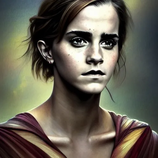 Image similar to Very funny Emma Watson looking like an old monkey, colorful painting on grey scale face, powerful , magic, thunders, dramatic lighting, intricate, wild, highly detailed, digital painting, artstation, concept art, smooth, sharp focus, illustration, art by artgerm and greg rutkowski and alphonse mucha, footage