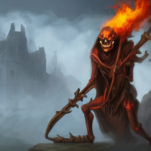 Prompt: a cloaked skeleton demon holding a spear watching a house on fire, firestorm, highly detailed digital art, oil on canvas, trending on Artstation, award-winning