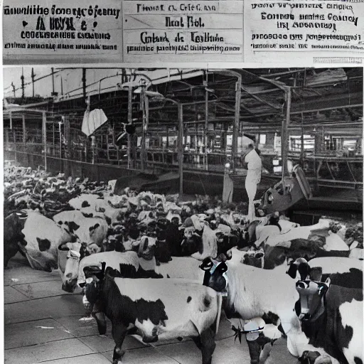 Image similar to Newspaper pictures of cows and chickens on strike over conditions in factory farms, vintage photography, highly detailed,