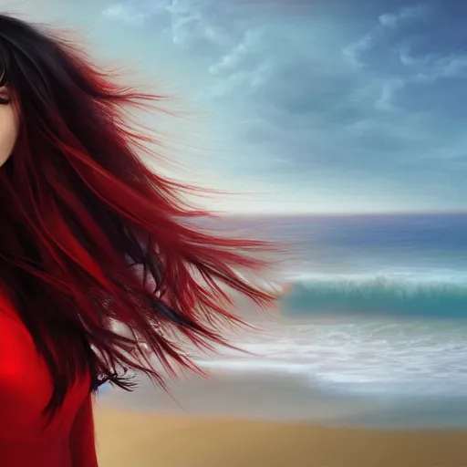 Image similar to woman with long dark black hair wearing red clothing standing by the beach, beautiful, 8k, highly detailed, realistic, artgerm, sakimichan, rutkowski, trending on artstation, perfect face, portrait, high contrast, golden light, dramatic lighting,