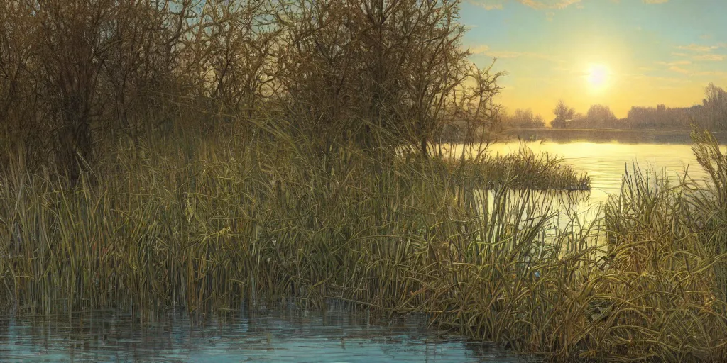 Prompt: a beautiful lake landscape in late winter, romantic ambiente, no people, tall grown reed on riverbank, no mountains, clear sky, sunshine, colorful, by Mohrbacher and Moebius and Alphonse Mucha and Roger Deakins, cinematic lighting, masterpiece, highly detailed, 8k resolution, trending on art station