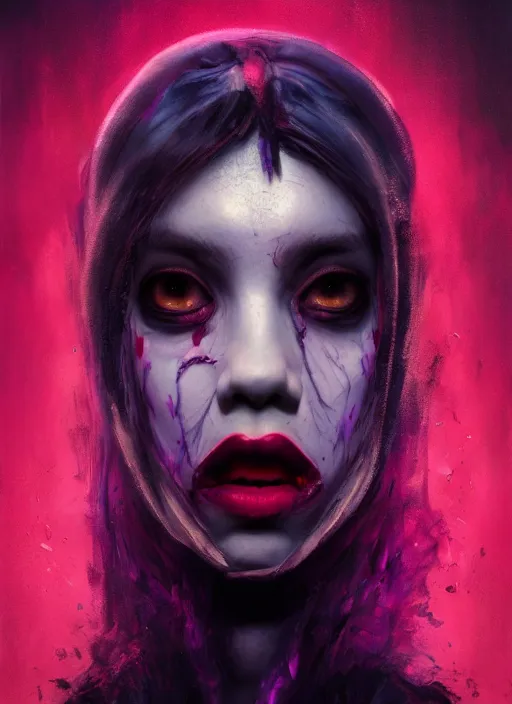 Image similar to portrait of sinister girl with pouty aerochrome lips, skeksis, unforgivable, cute bandaid on nose!!, expressive eyes, full body, deathly skin, greg rutkowski, charlie bowater, yuumei, stephen gammell, unreal 5, daz, hyperrealistic, octane render, rpg portrait, dynamic lighting, fantasy art, beautiful face