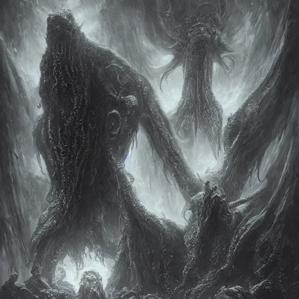 Image similar to human looking at big monstrosity portrait of cthulhu, hyperdetailed, artstation, cgsociety, by greg rutkowski, by gustave dore