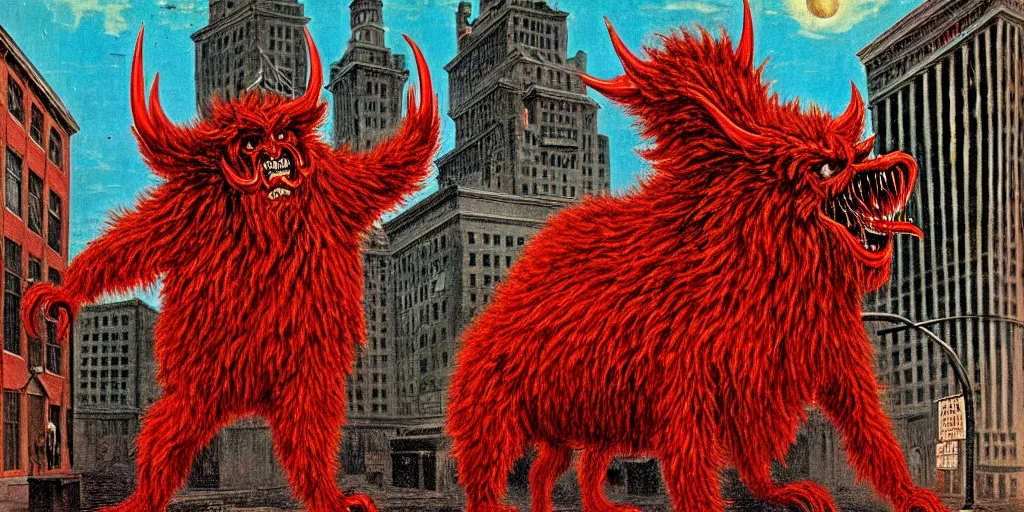 Prompt: a red hairy mysterious crptid devil monster on the streets of Detroit in the 1880's artwork by Ivan Albright