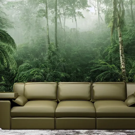 Prompt: a full length portrait of a giant autonomous sofa in a misty rainforest, surrounded by lush ferns and fir trees. surrounded by mountains and clouds and mist. featured on