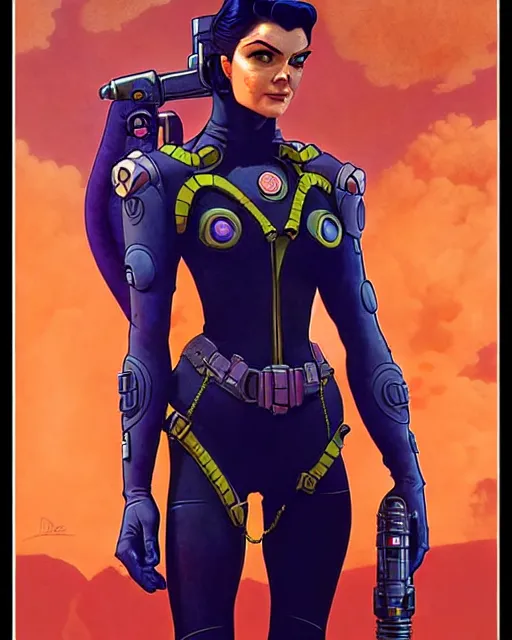 Image similar to widowmaker from overwatch, character portrait, portrait, close up, concept art, intricate details, highly detailed, vintage sci - fi poster, retro future, in the style of chris foss, rodger dean, moebius, michael whelan, and gustave dore