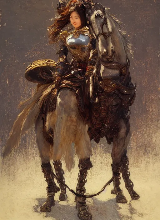 Image similar to portrait of one full body girl medieval chines armor and one metal horse poses by gaston bussiere, anna nikonova aka newmilky, greg rutkowski, yoji shinkawa, yoshitaka amano, tsutomu niehi, impressionism, monet,