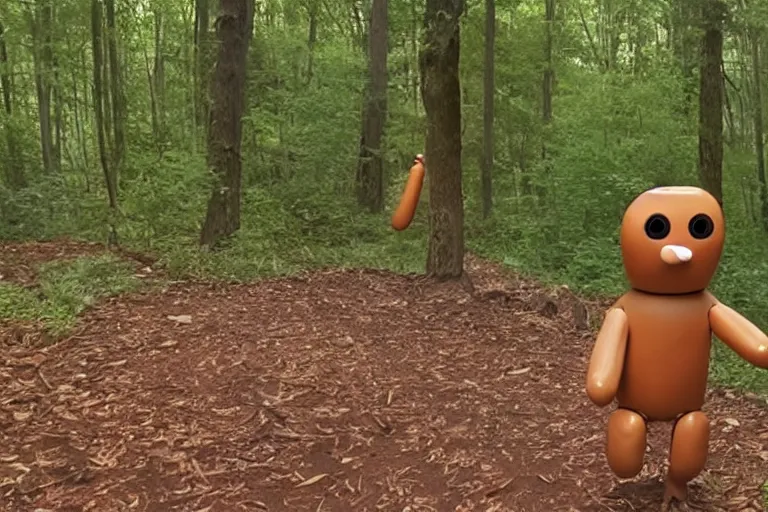 Prompt: trail cam footage of a humanoid hot dog with arms and legs